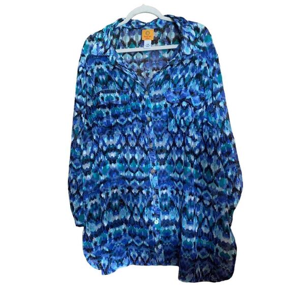 Ruby Rd Plus Size 22W Blue Multicolor Boho Print Burnout Button Shirt Blouse Top - Picture 1 of 6